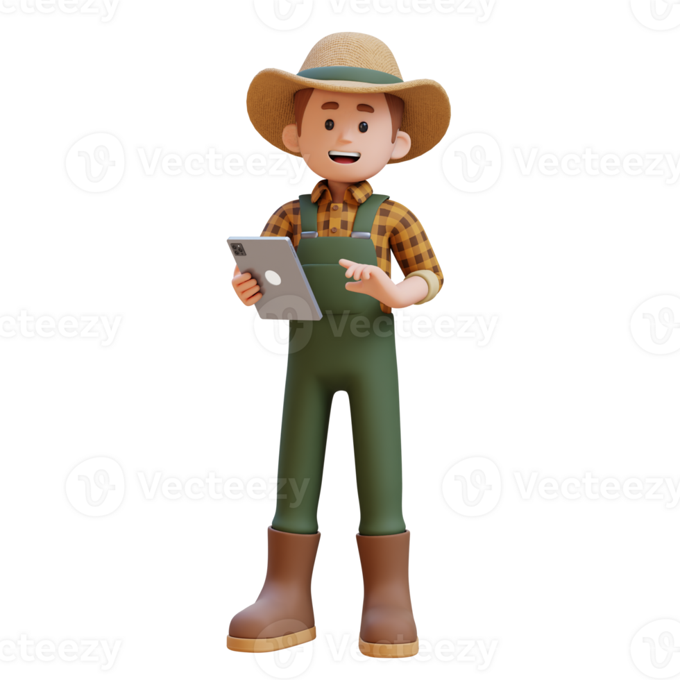 3D farmer character working uses a tablet png