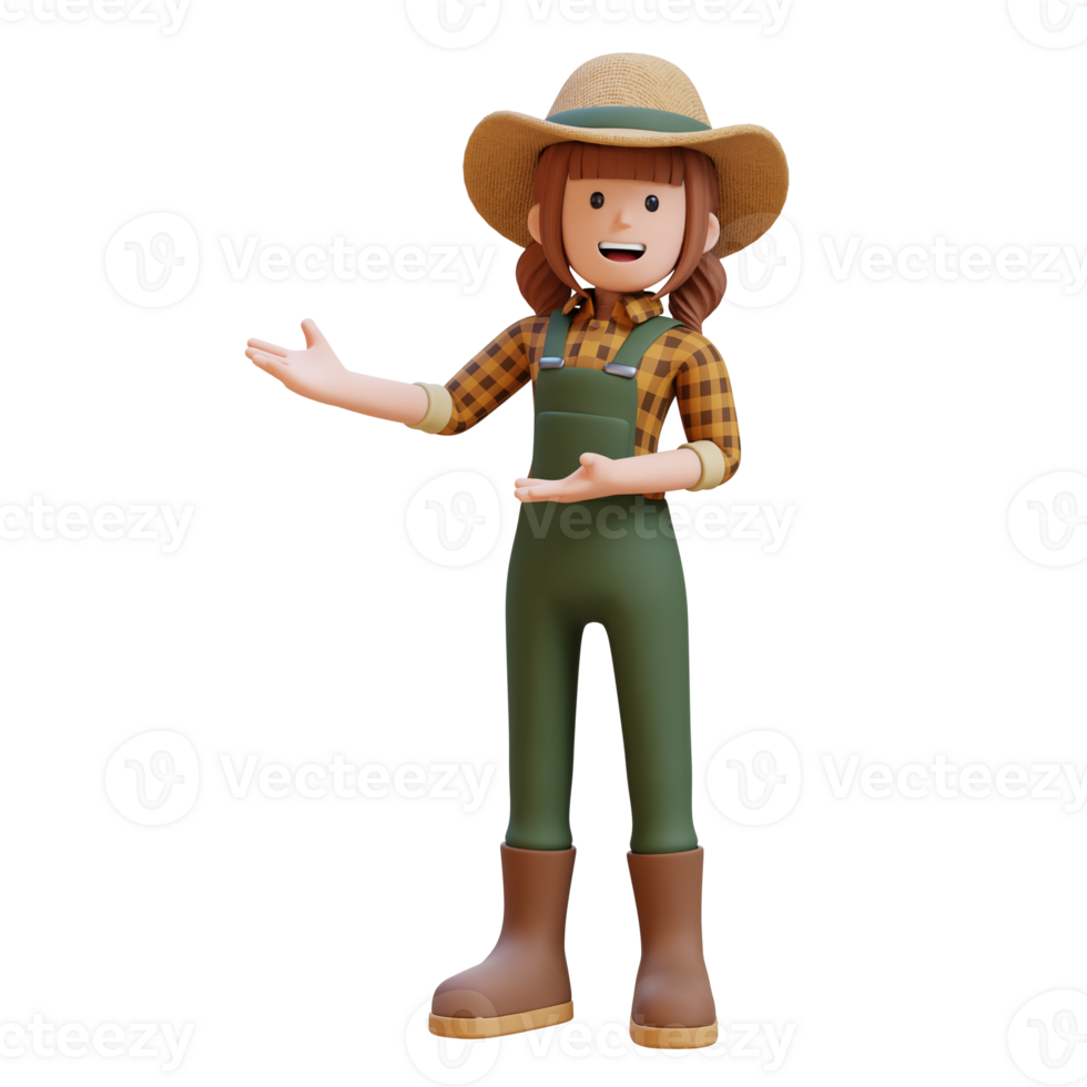 3D Female Farmer Character in pointing and presenting gesture png