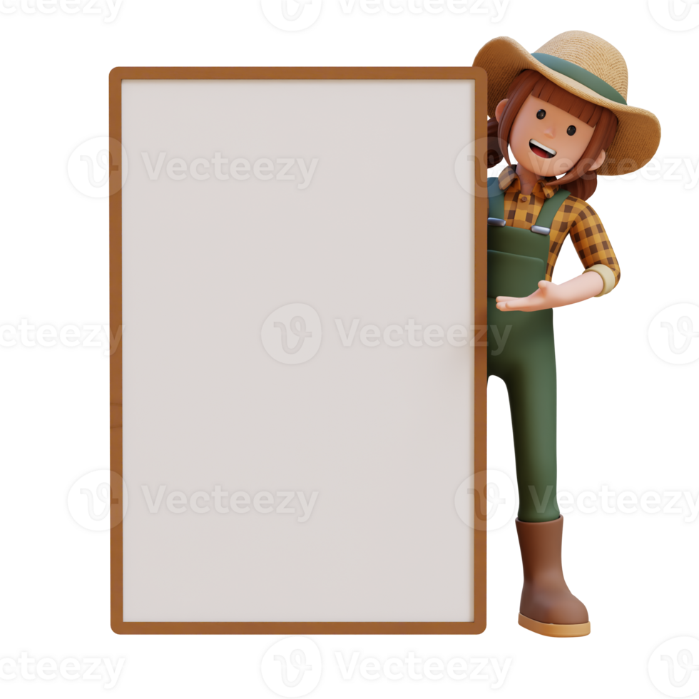 3D Female Farmer Character standing behind placard and peeking with presenting gesture. png