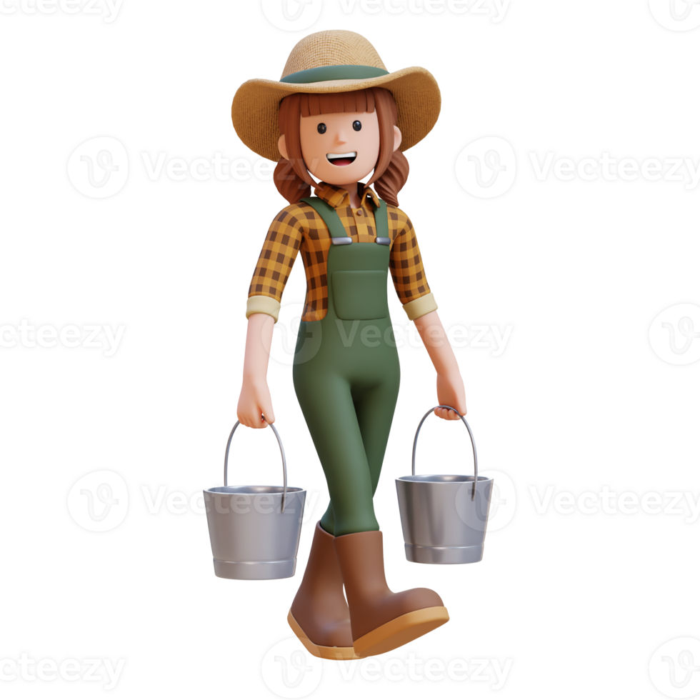 3D Female Farmer Character working and carrying two bucket png