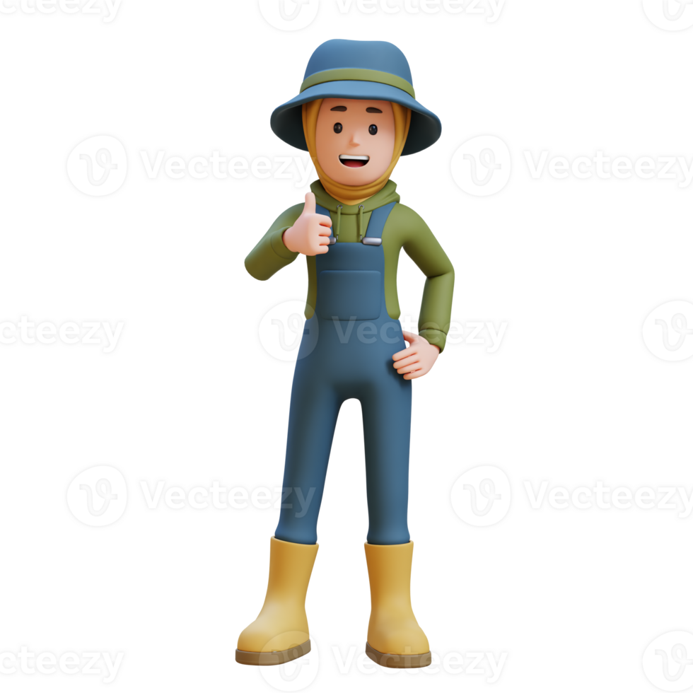 3D muslim female Farmer Character gives a thumbs up png