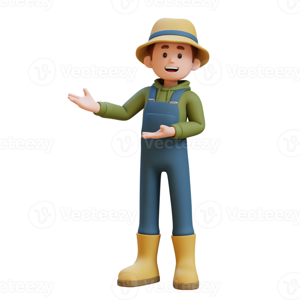3D young farmer character in pointing and presenting gesture png