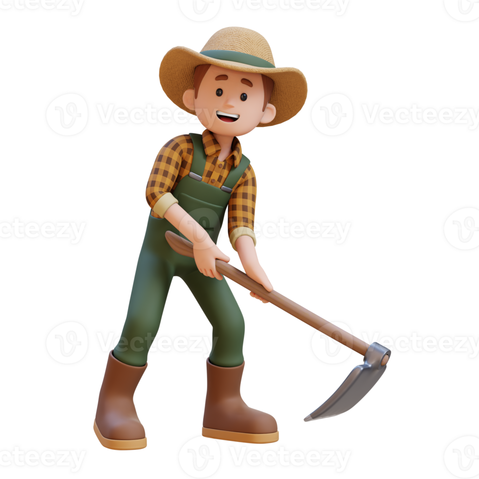 3D farmer character working with a hoe. png