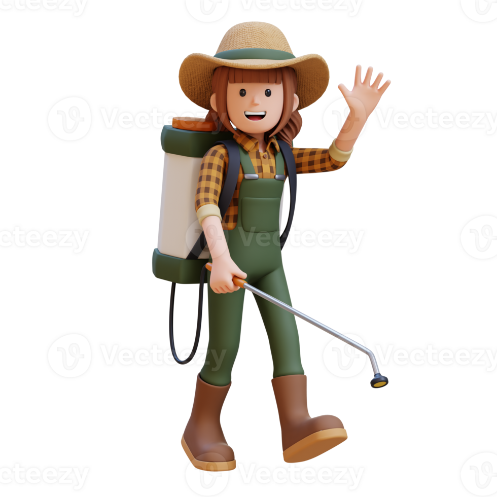 3D Female Farmer Character waves while spraying pesticide using a sprayer png