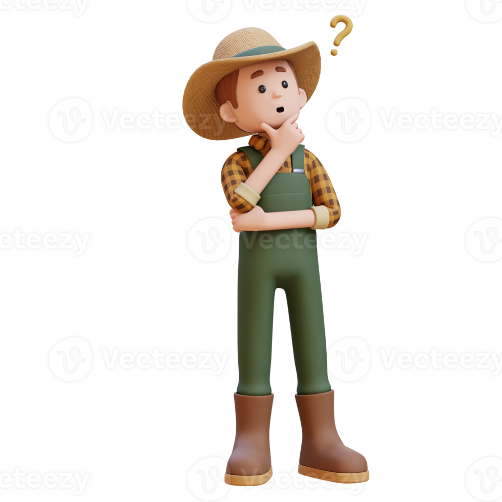 3D farmer character thinking with thought question mark png