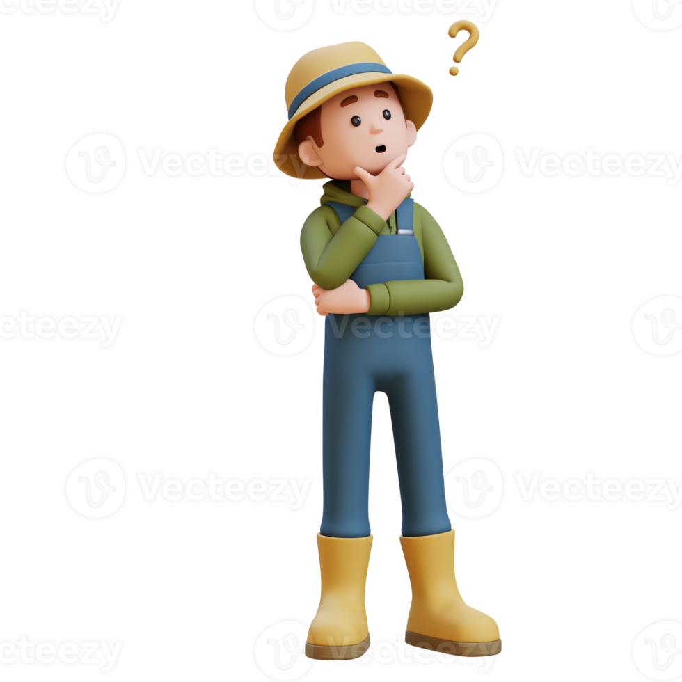 3D young farmer character thinking with thought question mark png