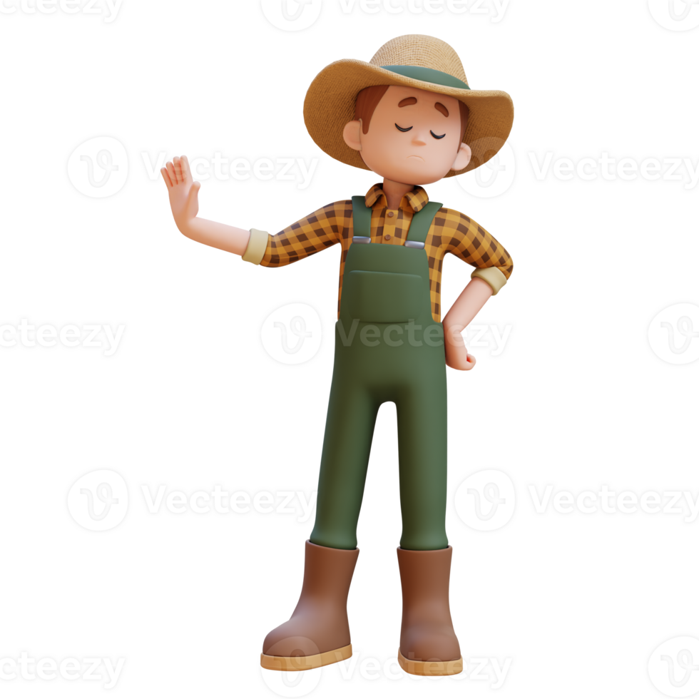 3D farmer character giving refuse and negative rejection gesture png