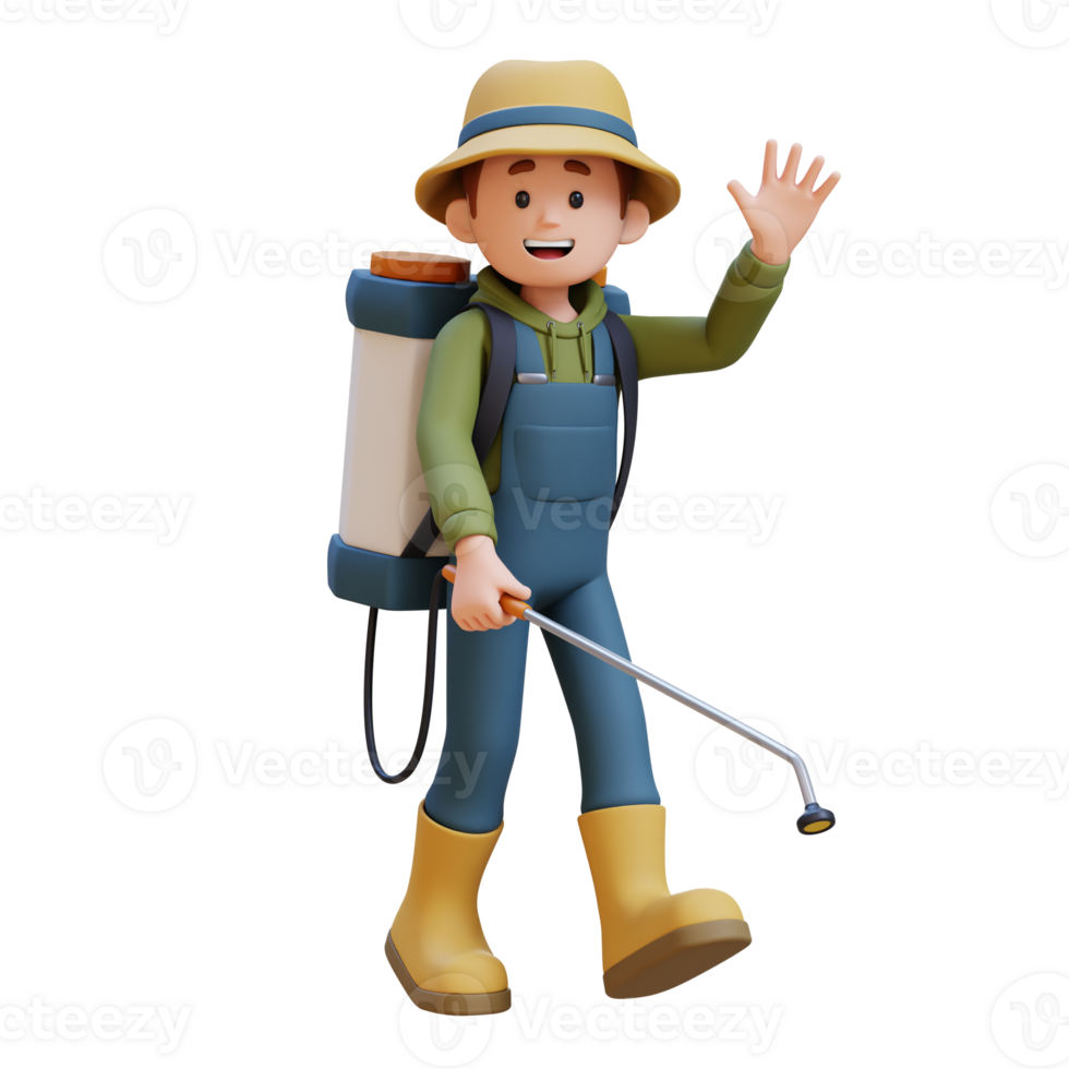 3D young farmer character waves while spraying pesticide using a sprayer png