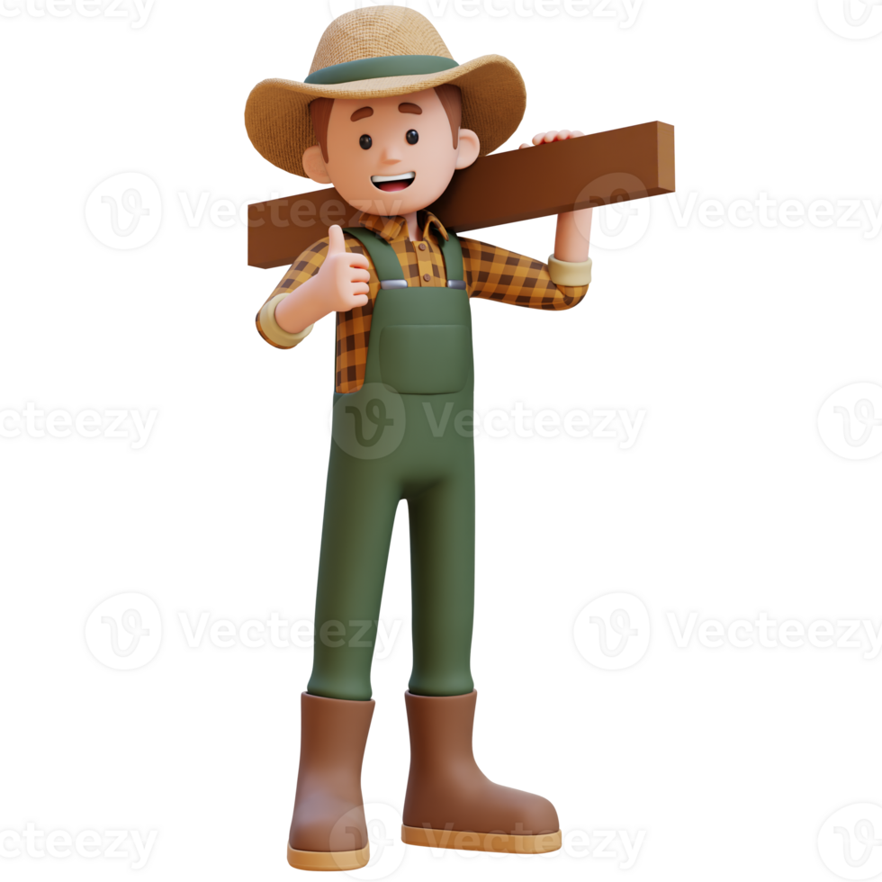 3D farmer character gives a thumbs up while working carrying wood. png