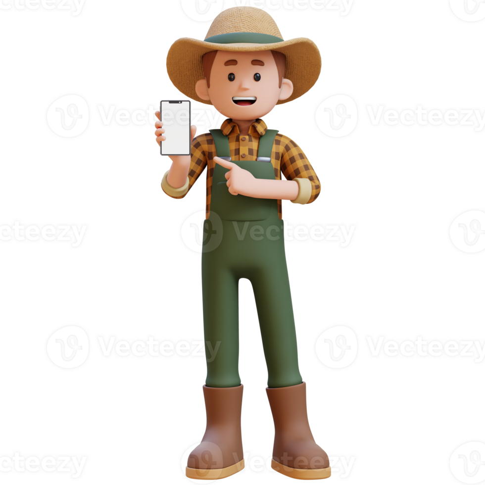 3D farmer character pointing and presenting on the smartphone png