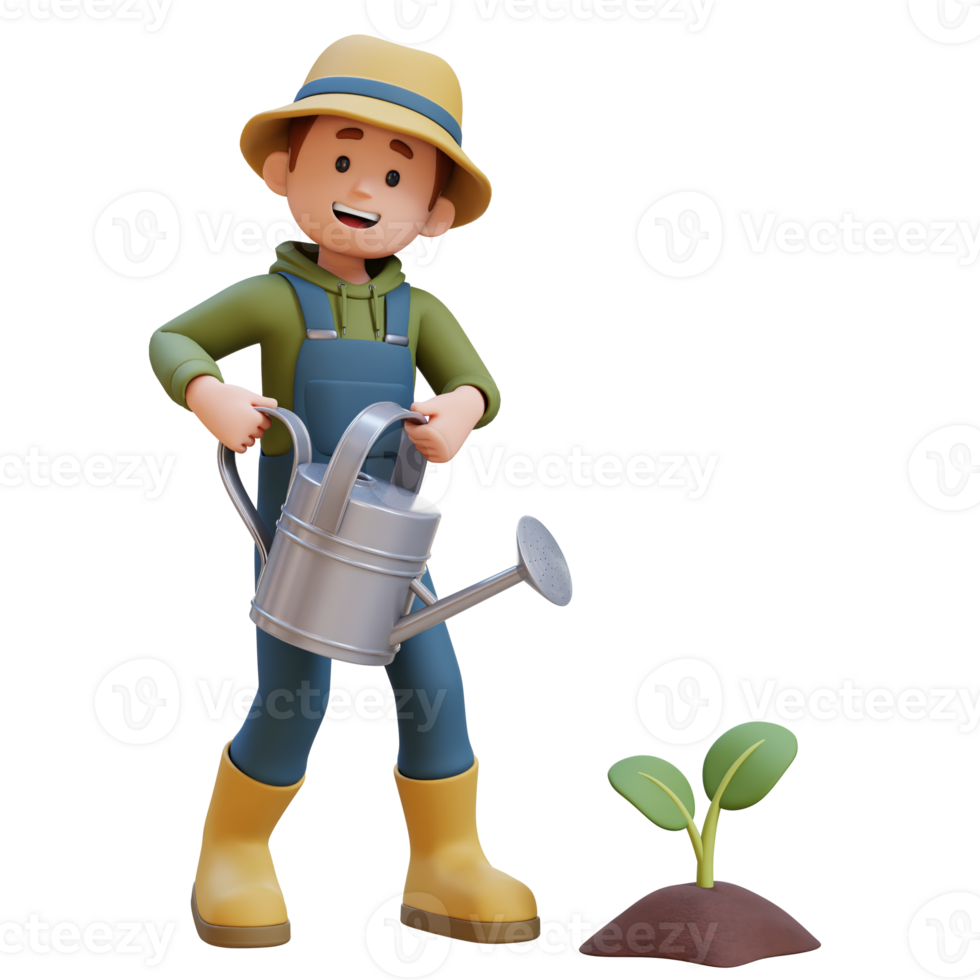 3D young farmer character watering a sprout png