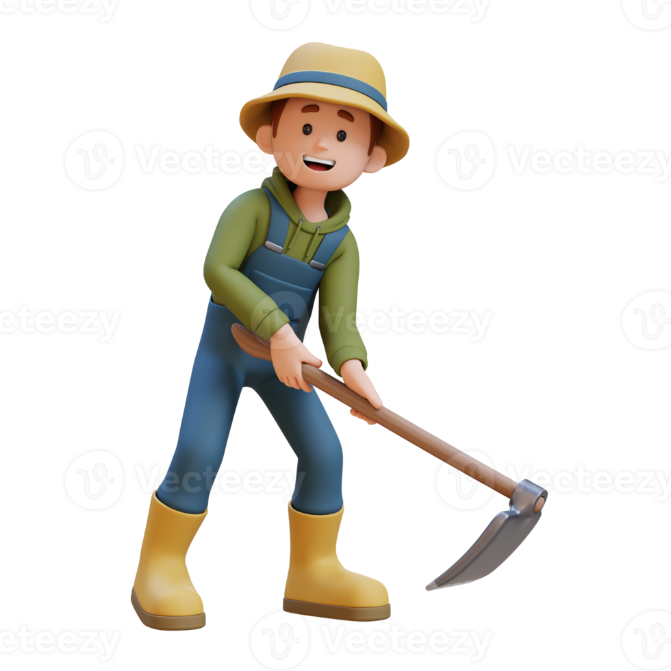 3D young farmer character working with a hoe. png