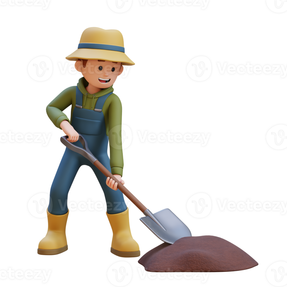 3D young farmer character working with a shovel png