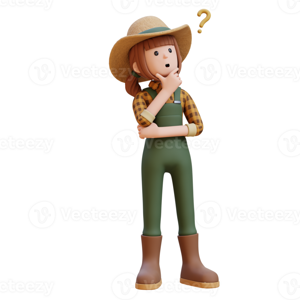 3D Female Farmer Character thinking with thought question mark png