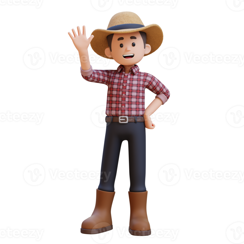 3D male farmer character waves hand say hello png