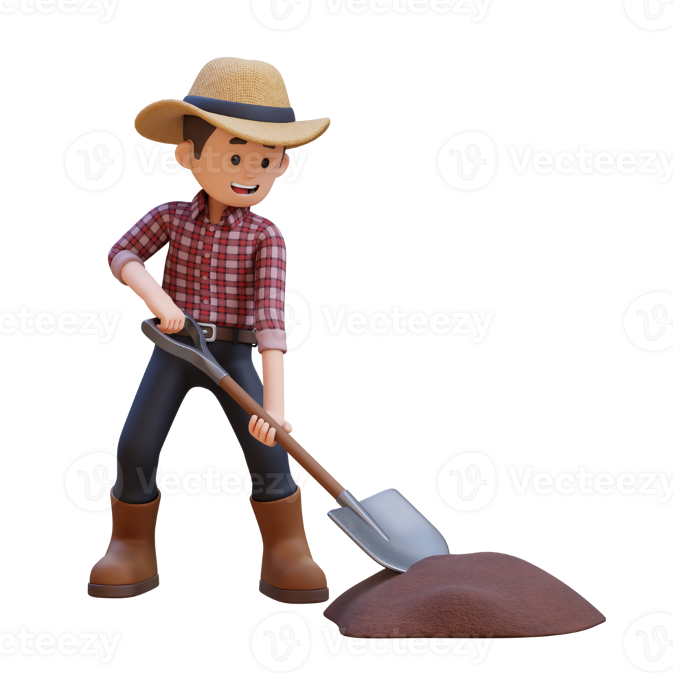 3D male farmer character working with a shovel png