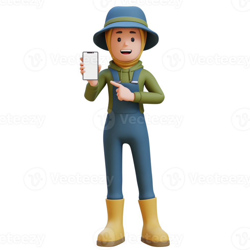 3D muslim female Farmer Character pointing and presenting on the smartphone png