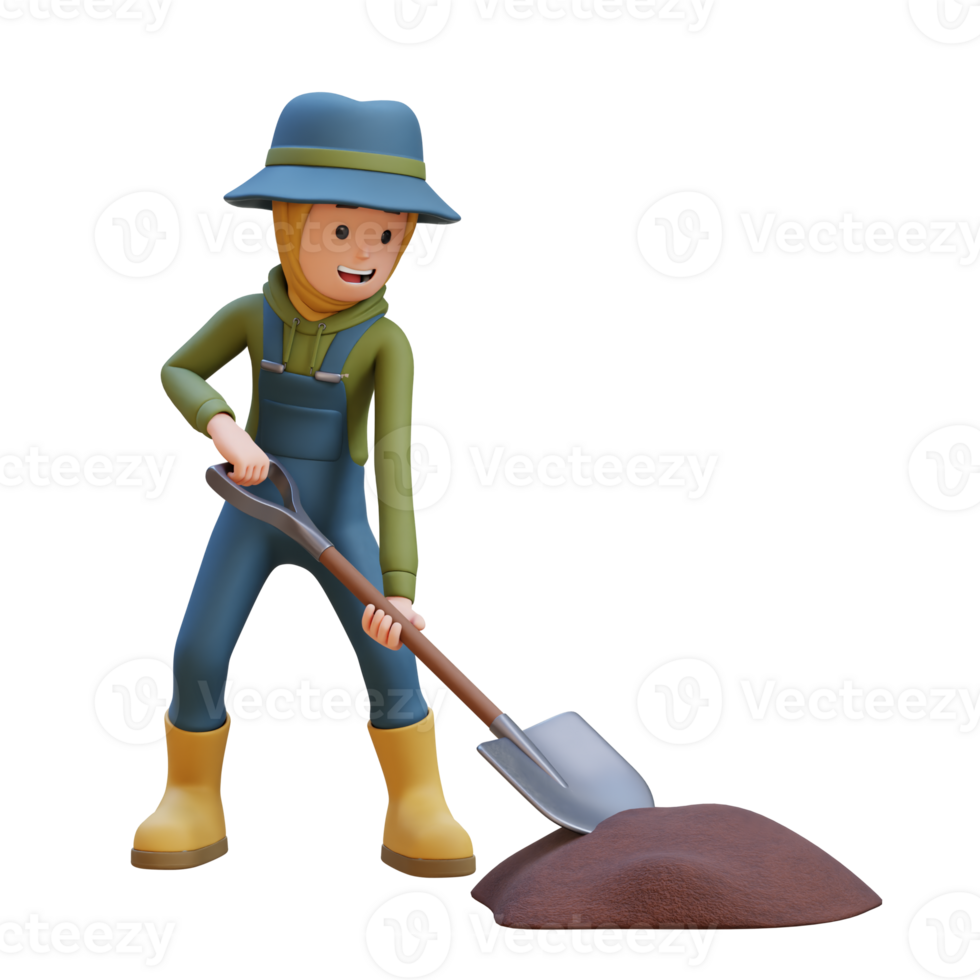 3D muslim female Farmer Character working with a shovel png