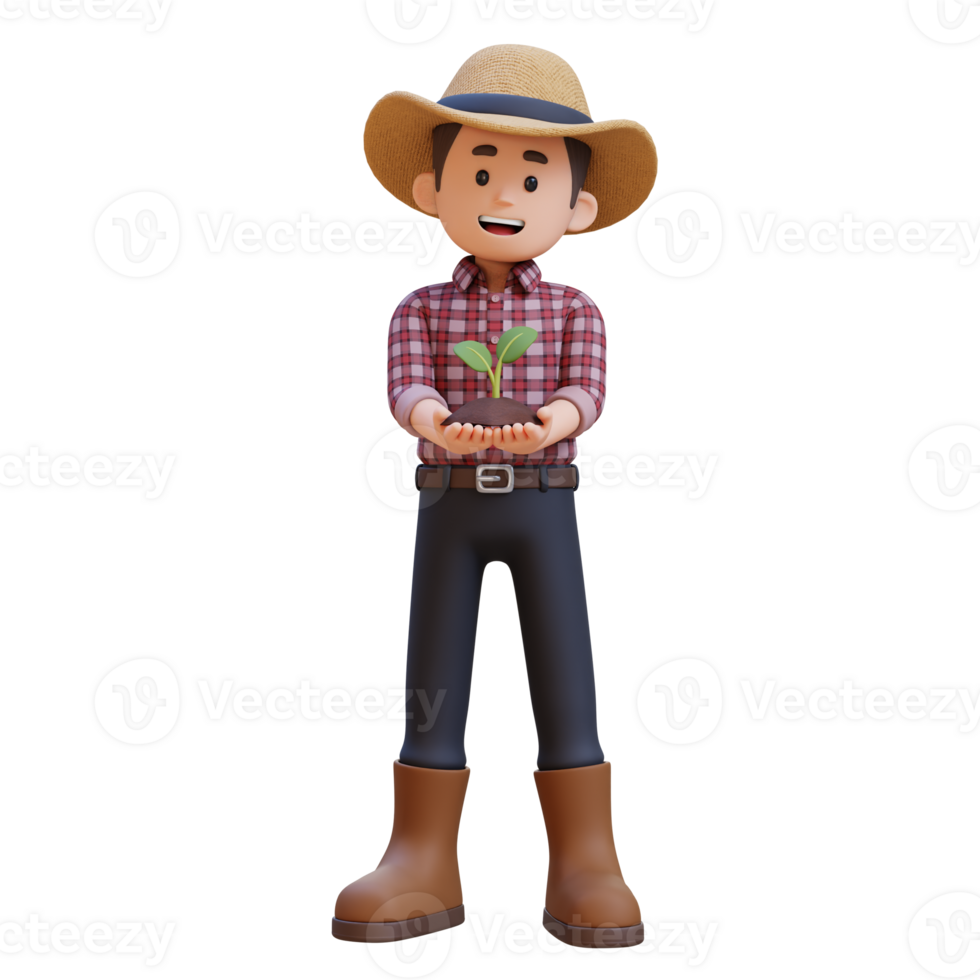 3D male farmer character standing confident holding a sprout png