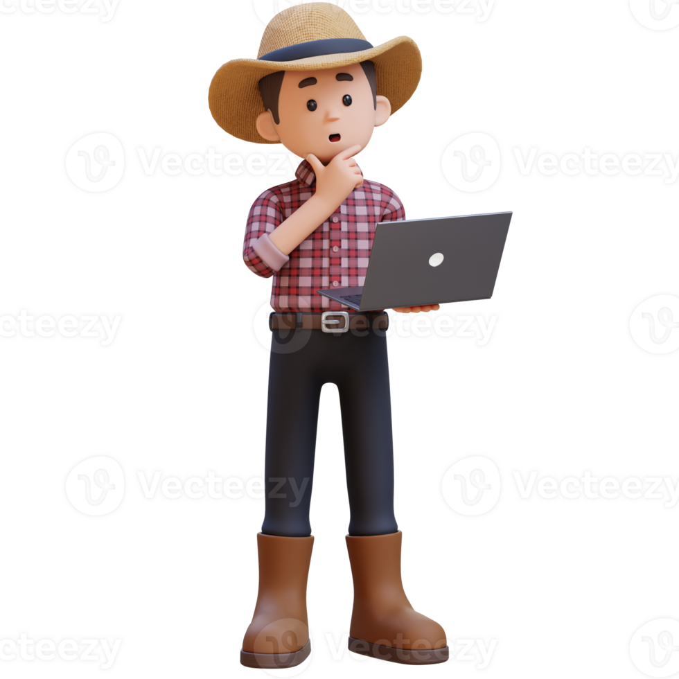 3D male farmer character thinking and working on a laptop. png