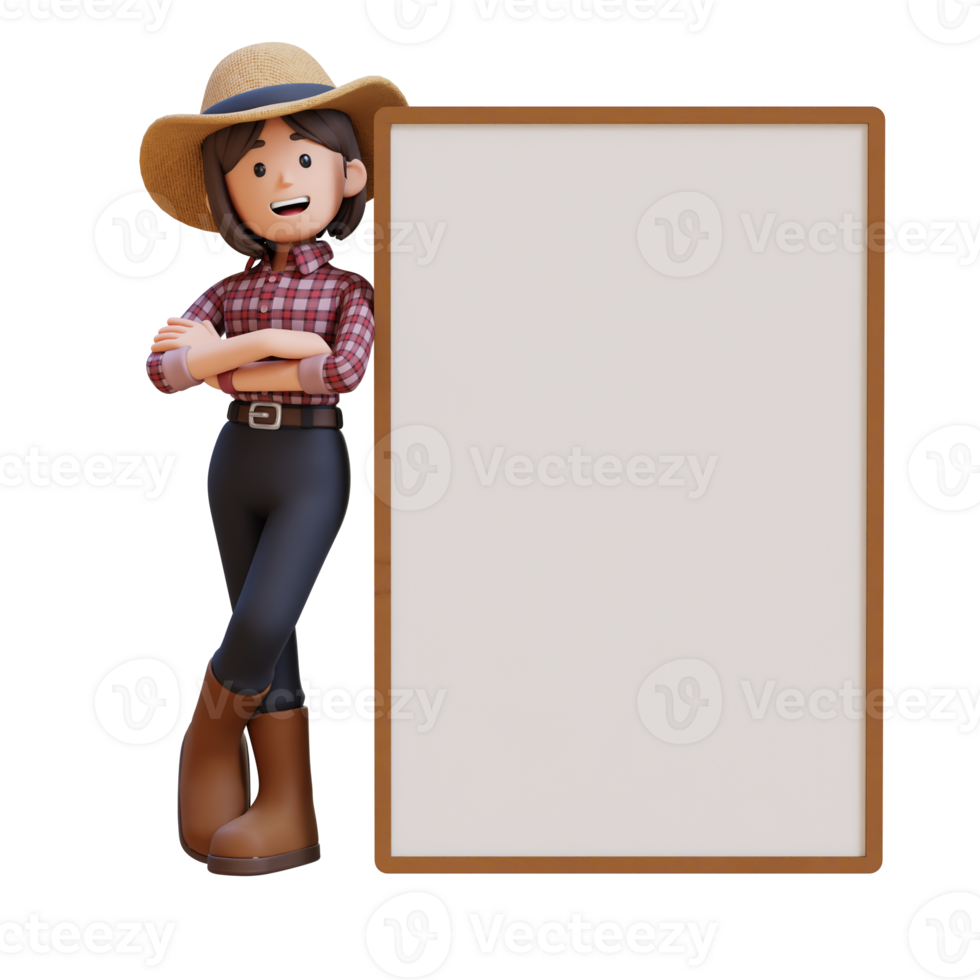 3D woman farmer character leaning with crossed hand on blank placard png