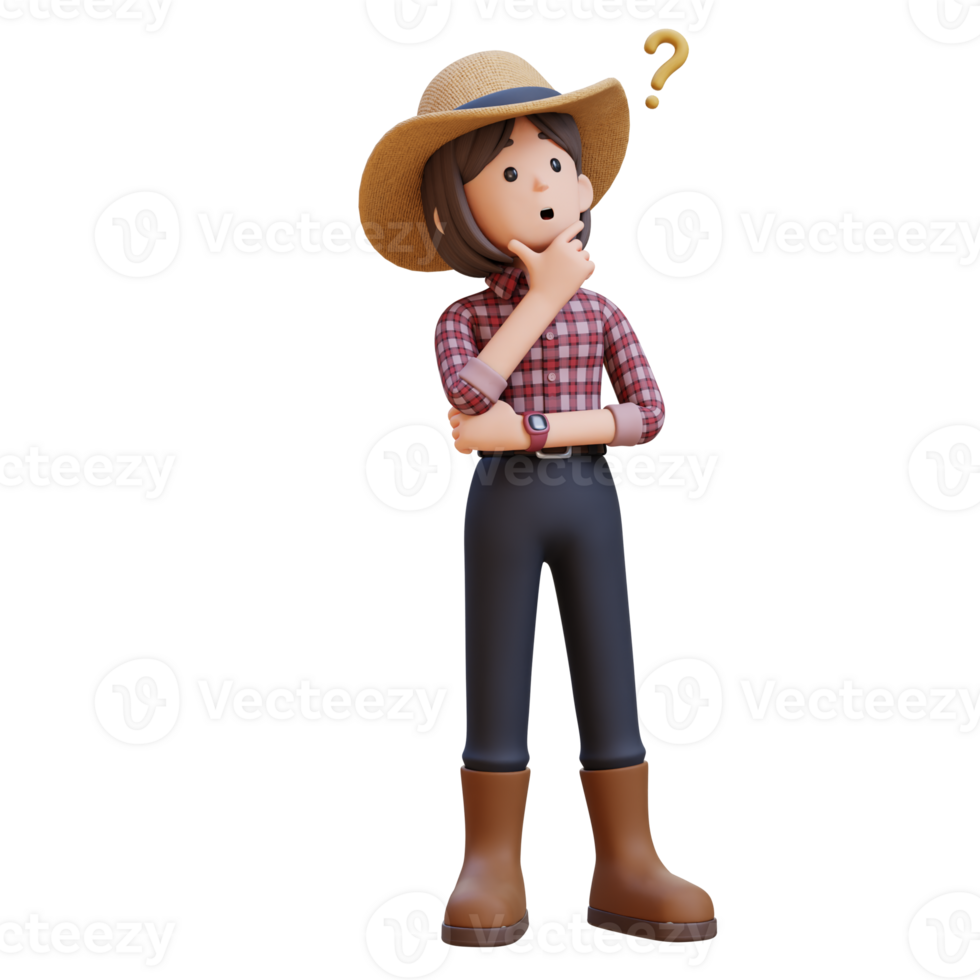 3D woman farmer character thinking with thought question mark png