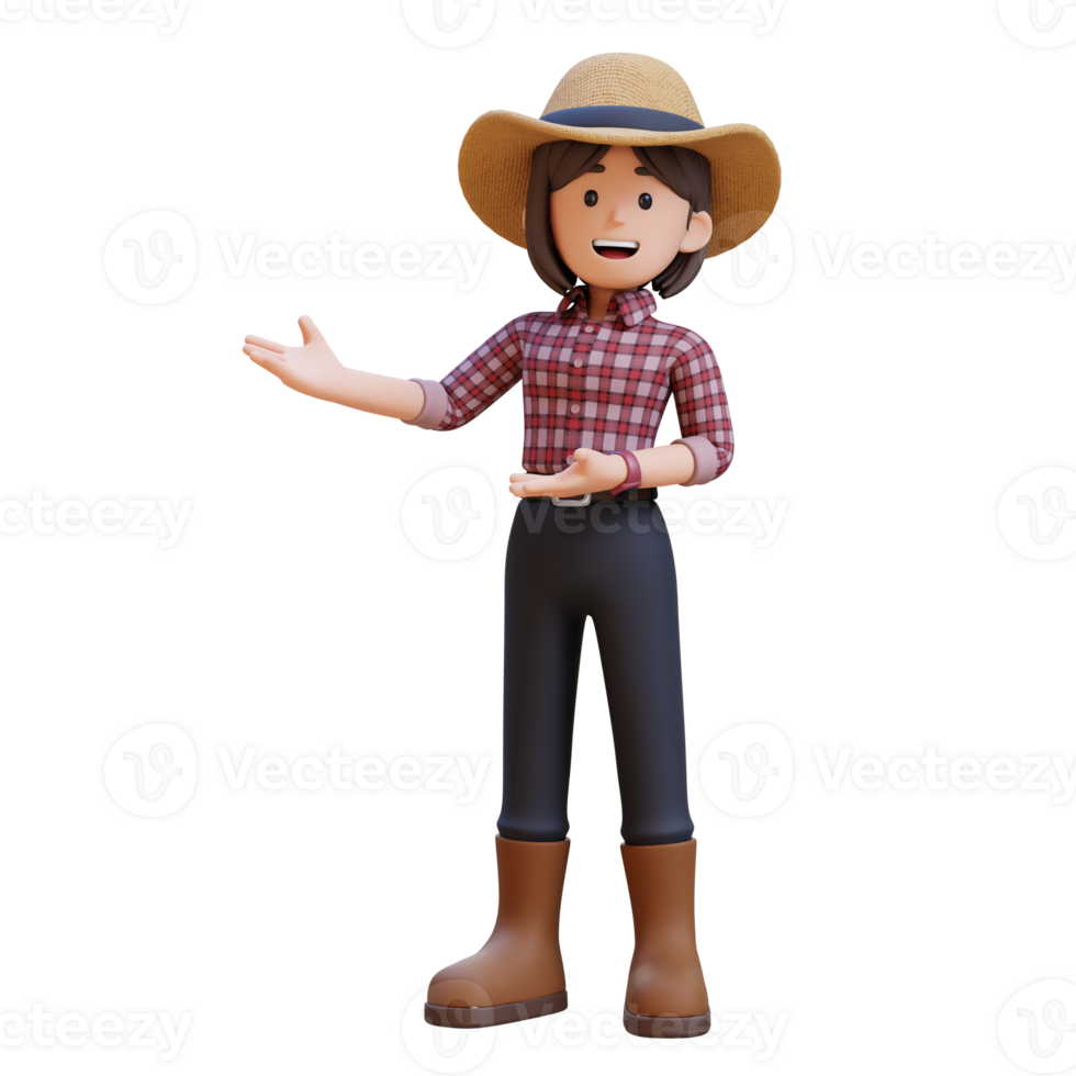 3D woman farmer character in pointing and presenting gesture png
