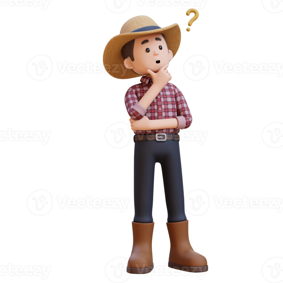 3D male farmer character thinking with thought question mark png