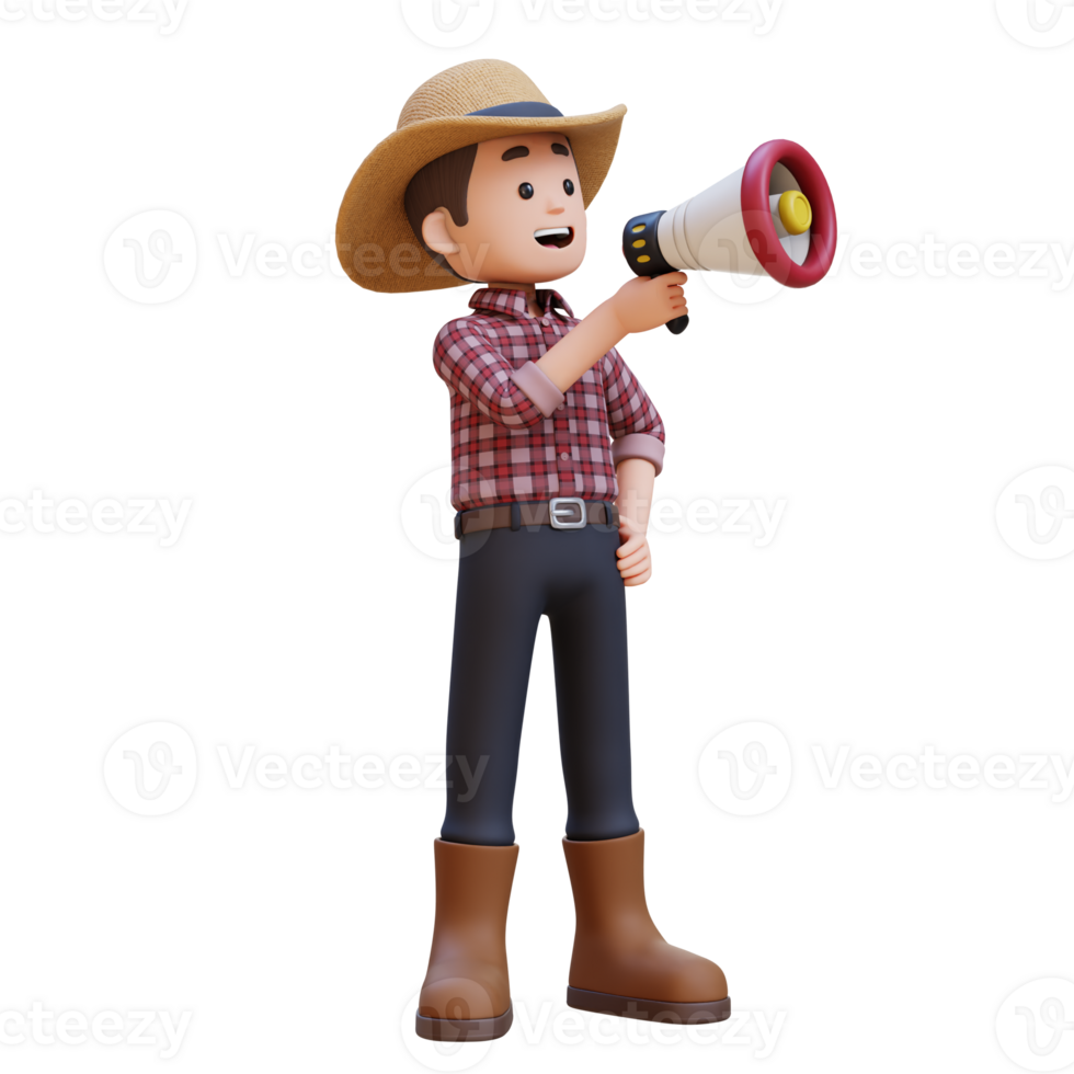 3D male farmer character give an announcement with a megaphone png