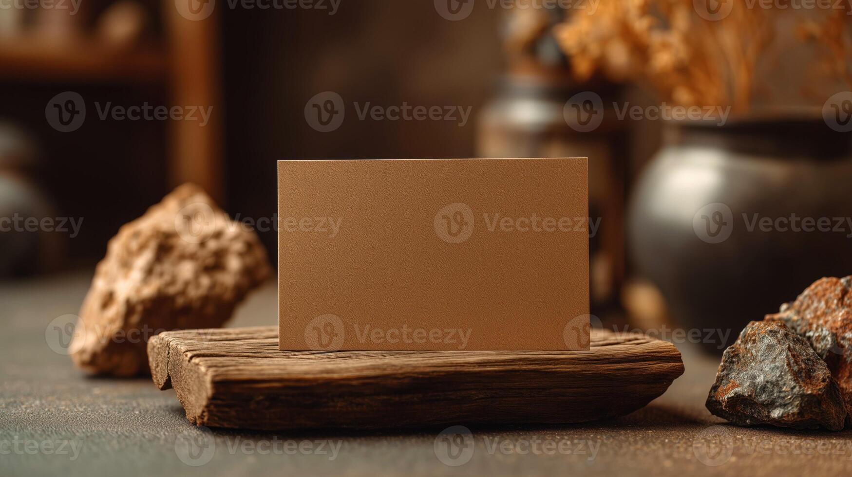Blank card on wooden table with rustic decor. photo
