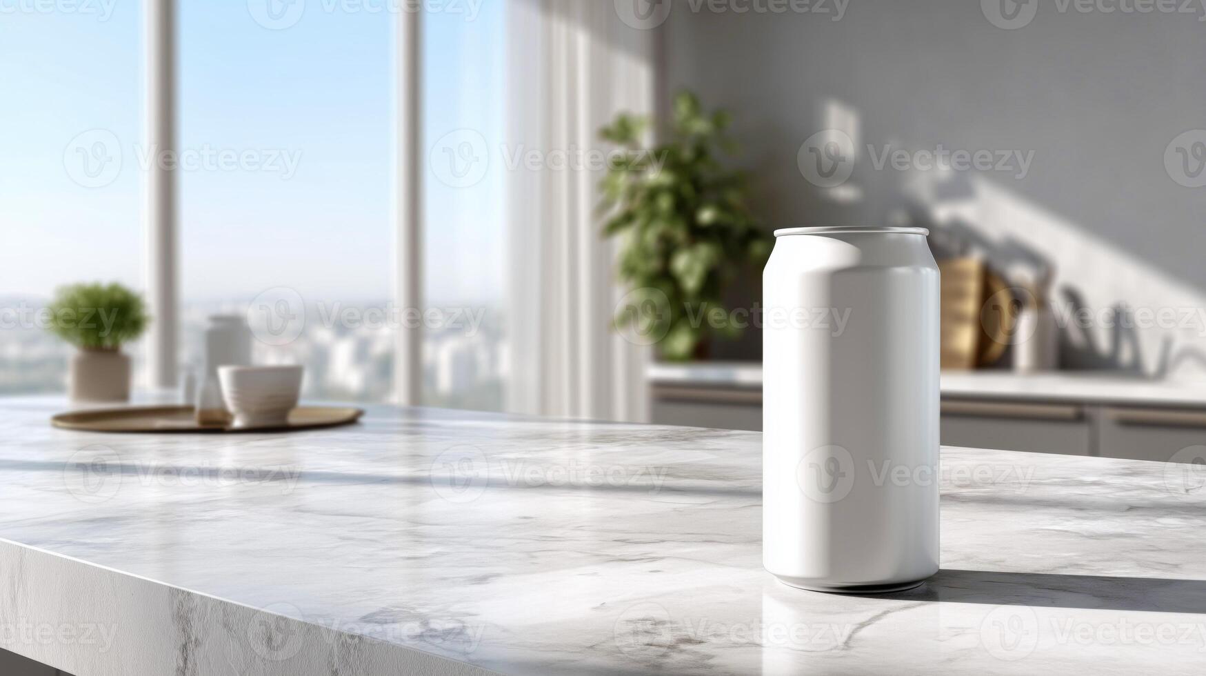 Minimalist white can on marble countertop. photo