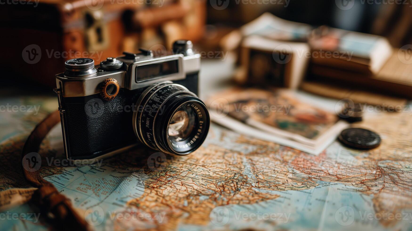 Vintage camera on travel map, adventure awaits. photo