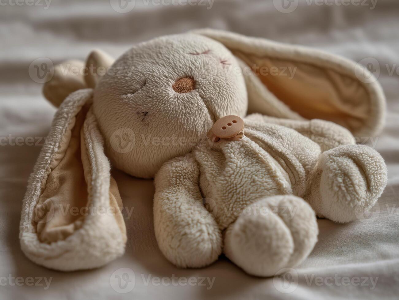 Soft rabbit plush toy resting on a bed. photo
