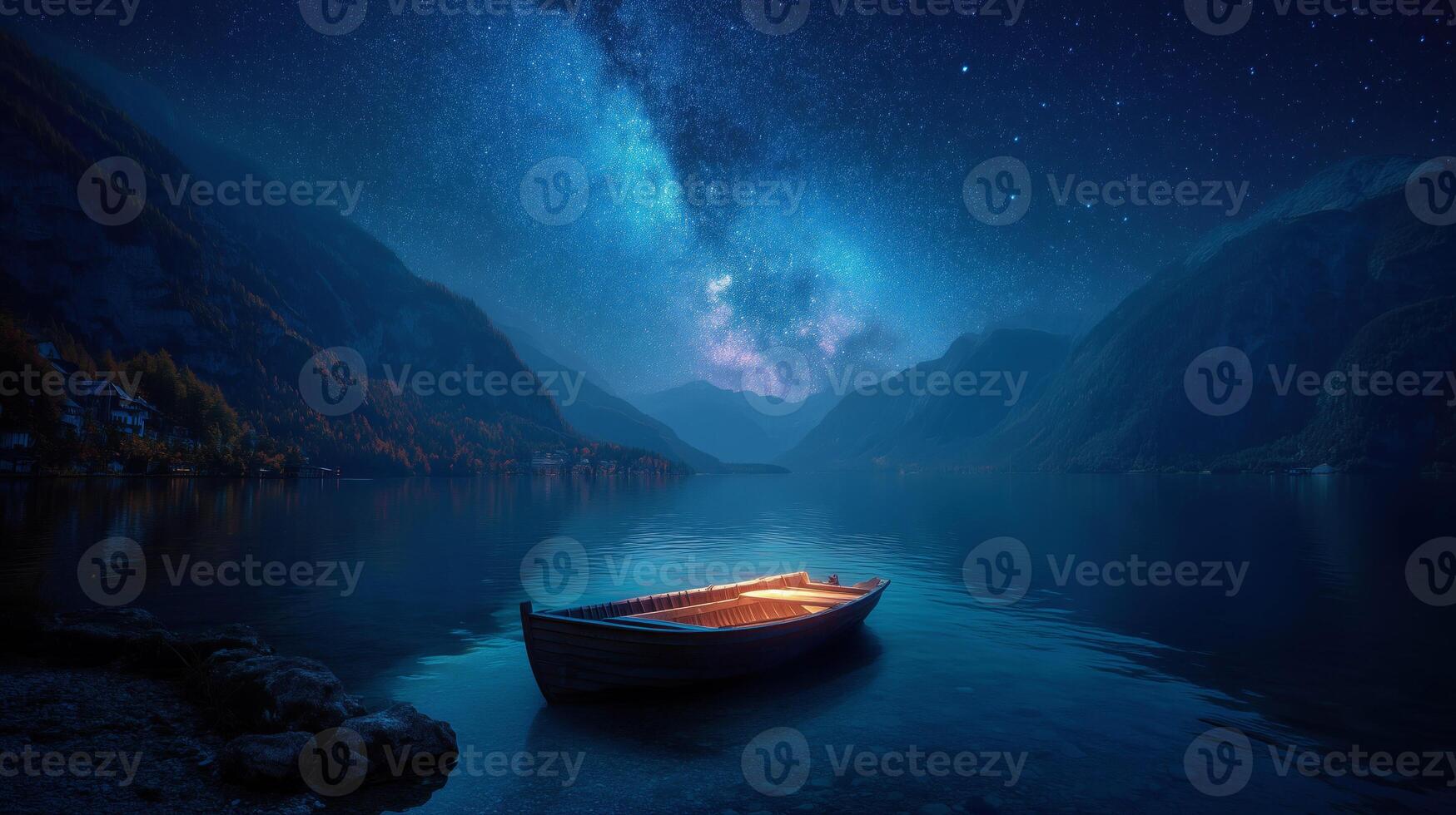 Night sky over tranquil lake photo