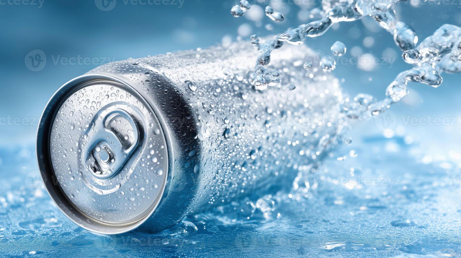 Refreshing soda can splashing in cool liquid. photo