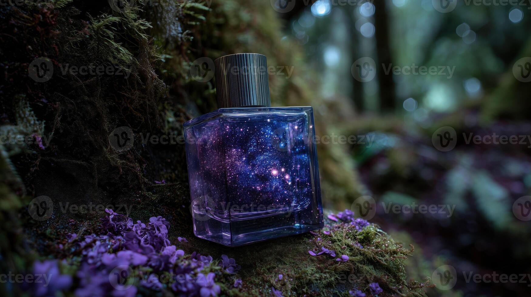 Galaxy perfume bottle in a forest photo