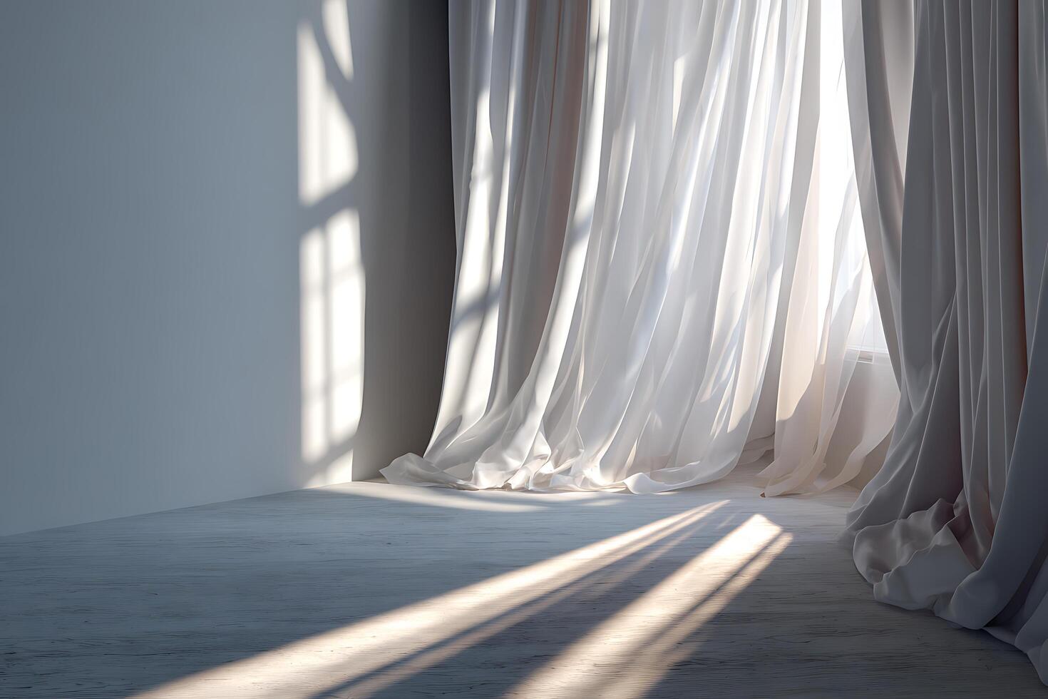 A room with white curtains and sunlight streaming through the window photo