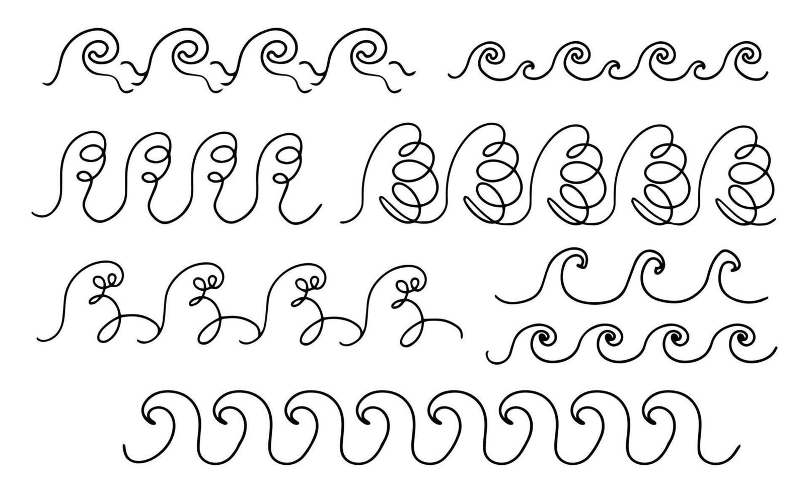 A set of waves drawn in line art style by hand with a thin line. vector