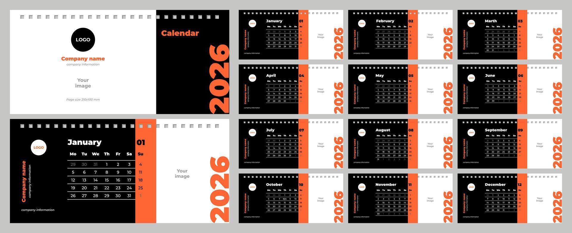 Desktop calendar for 2026. Template for branded souvenirs, copy space, modern style. Set of 12 pages and cover. Horizontal, 210x100mm, English, black, orange, white. vector