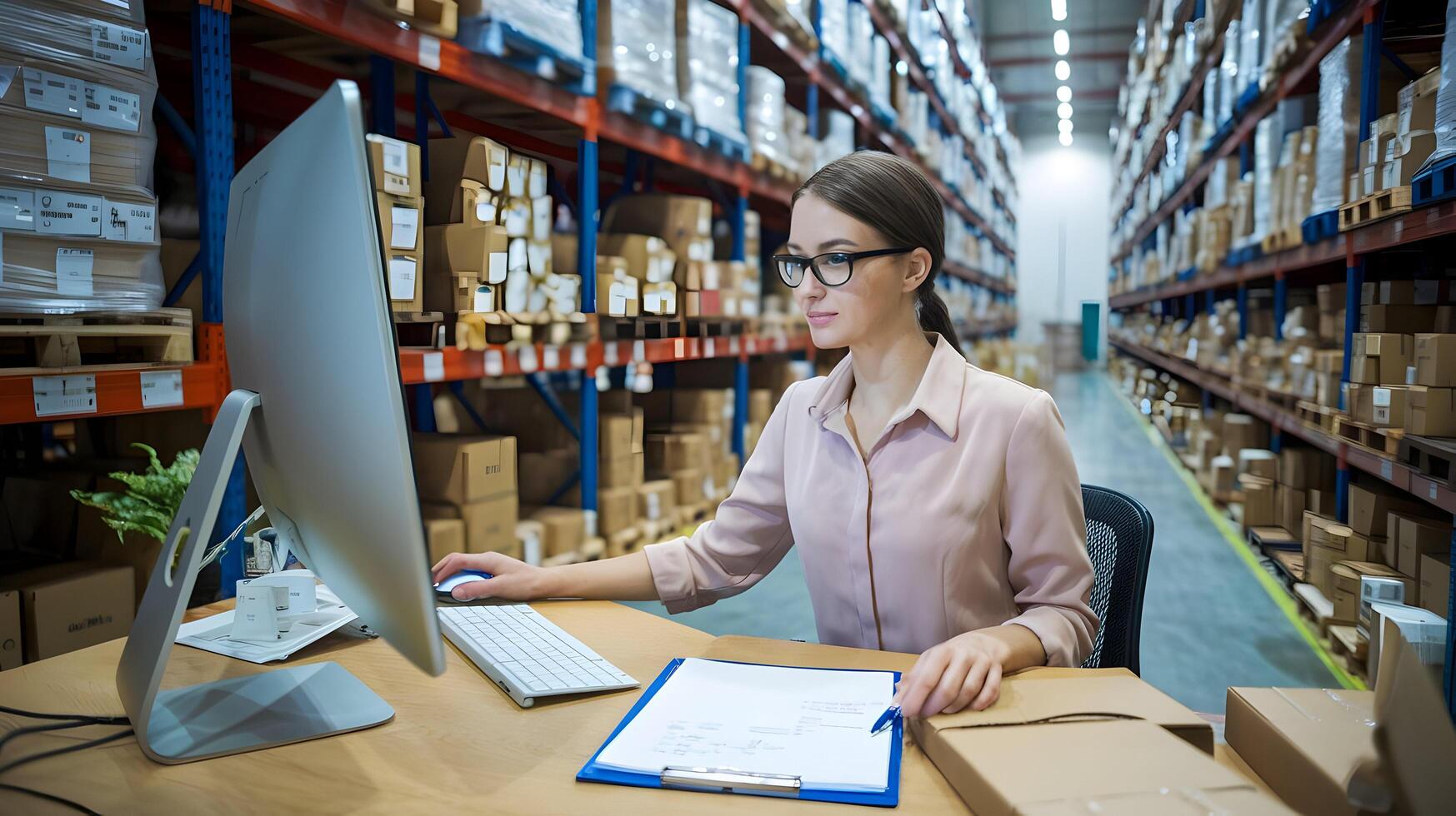 A woman in glasses is working on a computer in a warehouse photo