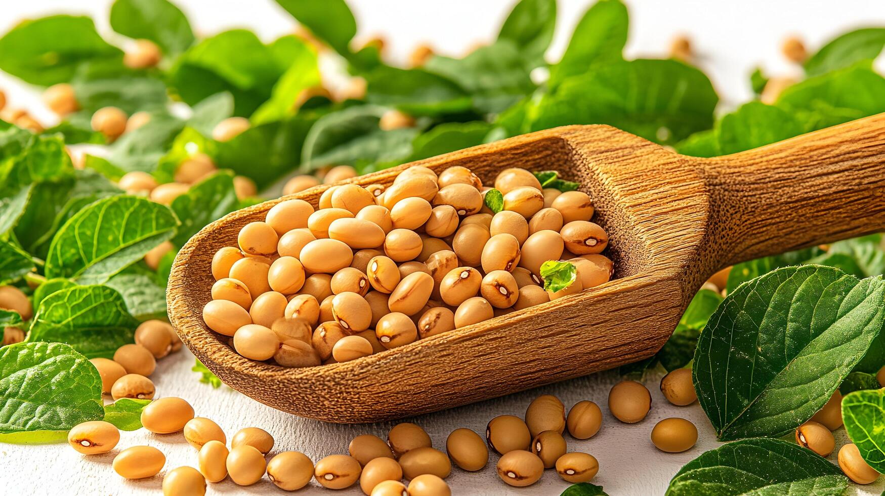 Soybeans and leaves on a wooden spoon photo