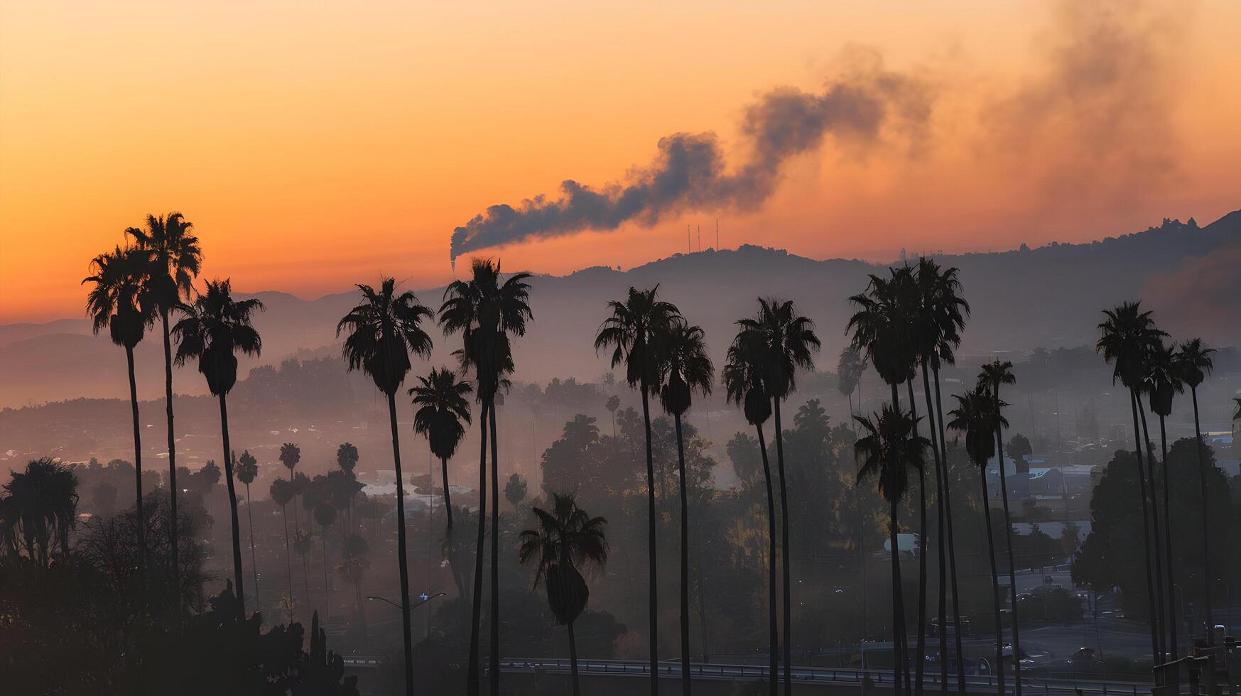 A view of the city at sunset with smoke coming out of the chimney photo