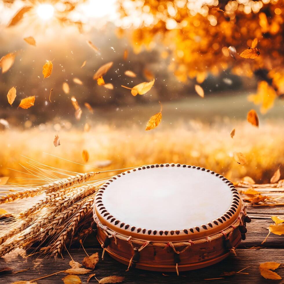 A drum and wheat on a table in front of a field photo