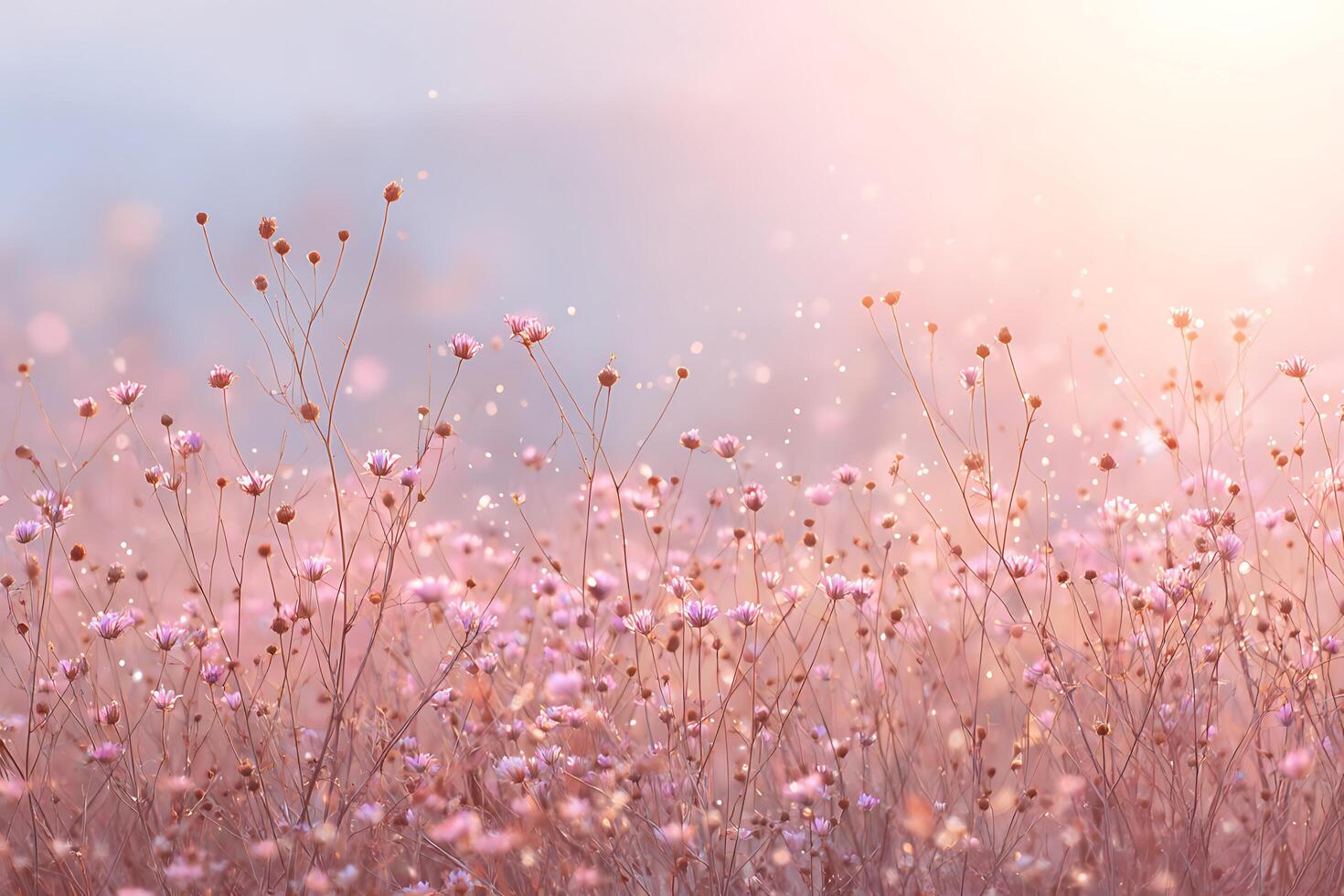 a field of pink flowers with the sun shining through photo