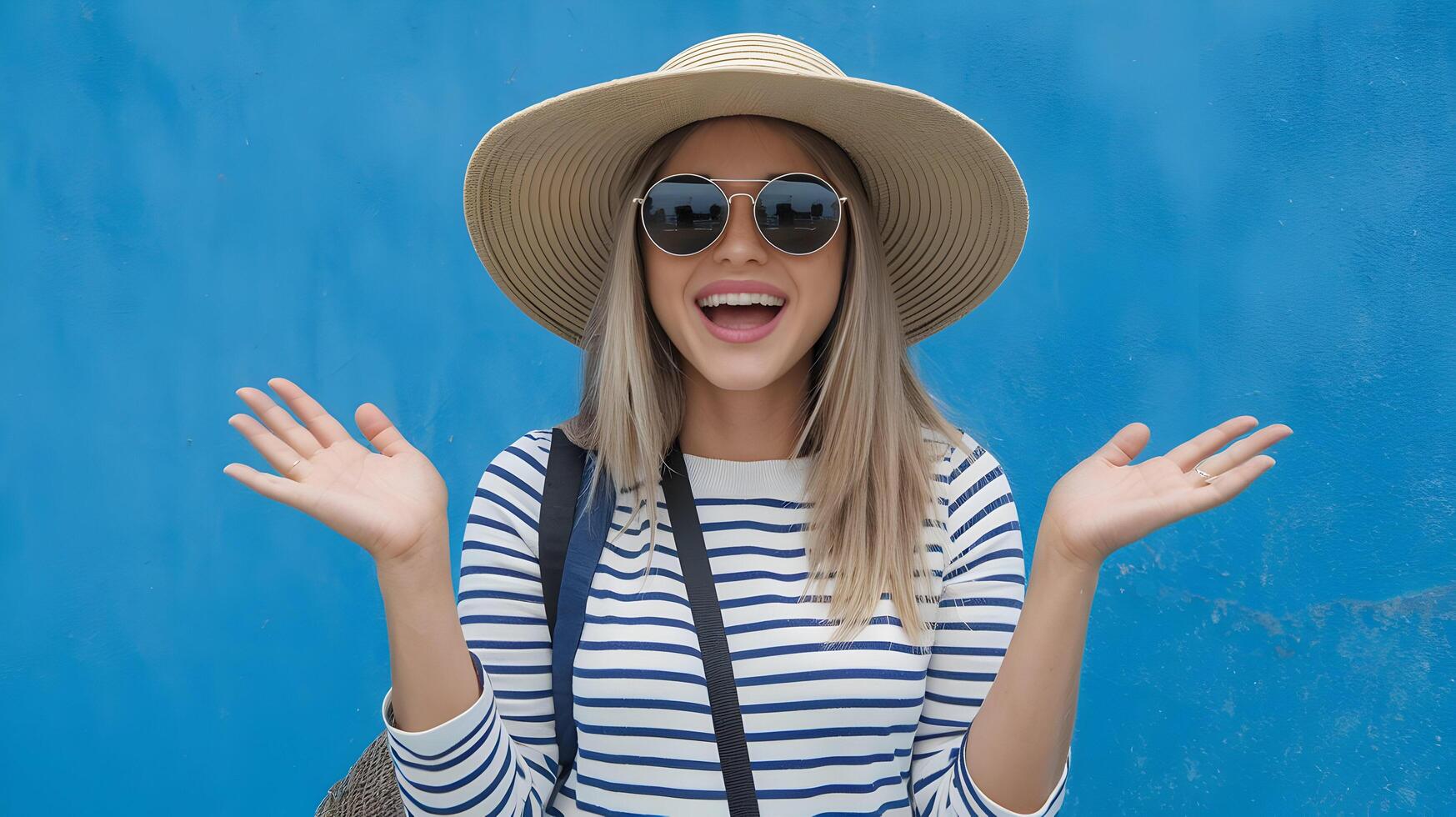 A woman in a hat and sunglasses is posing for the camera photo