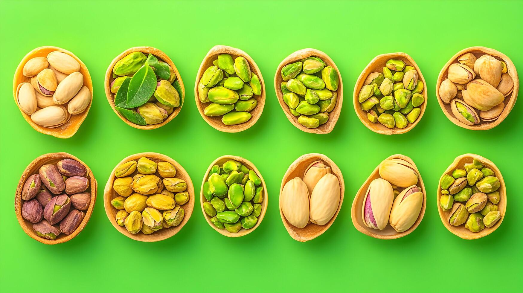 Different types of nuts in bowls on green background photo