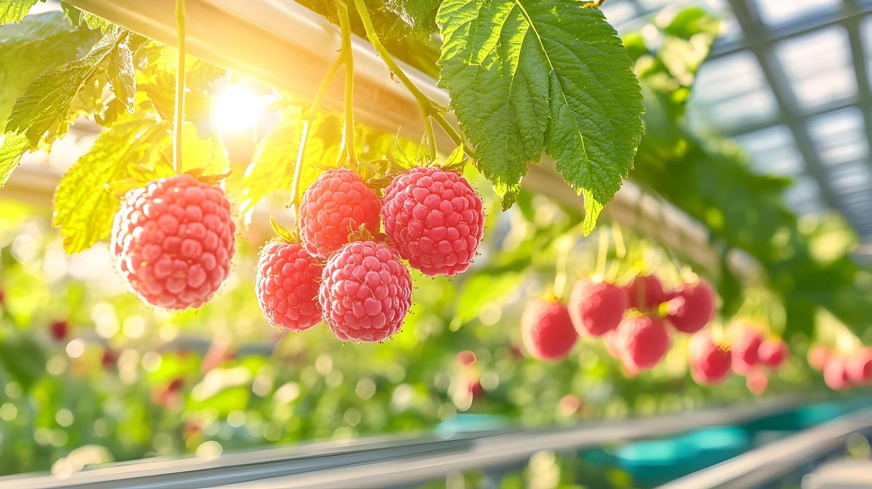Raspberries growing in a greenhouse photo