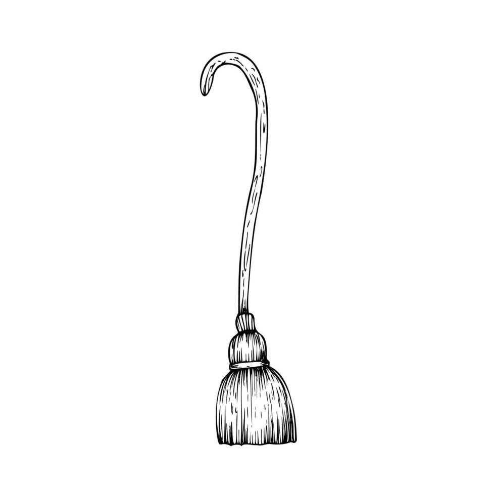 flying witch's broom. Hand painted linear wizard halloween illustration. Graphic monochrome sketch isolated on background. For designers, prints, log vector