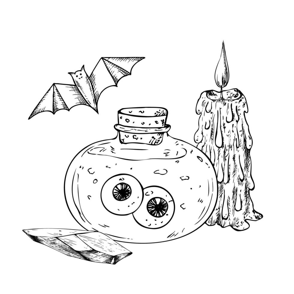Glass potion bottle with cork and eyes. Hand painted linear wizard halloween illustration. Graphic magic monochrome sketch isolated on background. For designers, prints, logo, i vector