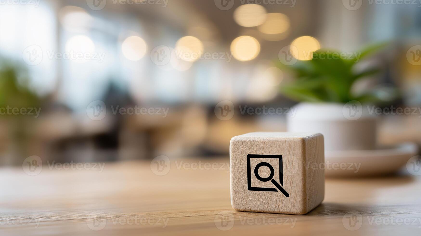 Magnifying Glass Icon on Wooden Cube with Blurred Office Background, Business Analysis and Insight Concept, Business Wooden Cube photo